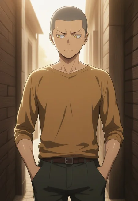 masterpiece, best quality, amazing quality, very aesthetic, absurdres, newest, detailed background, warm natural lighting, lively and bustling atmosphere, background details visible, shiny skin, outdoor, frown,
1boy, ConSpretime, very short hair, buzz cut, yellow eyes, shirt, pants,