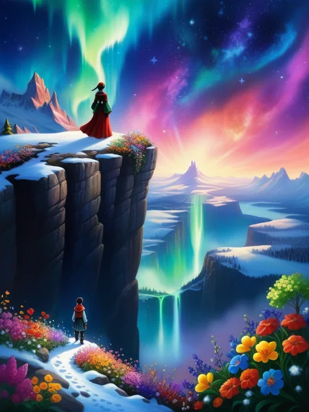 <lora:08SurealismArt_Hap_XL:1>, frida kahlo style, a painting of a person standing on top of a snowy cliff, looking down on a magical garden at the bottom of the cliff with many bright and colourful flowers, night sky with sparkling aurora borealis, from kingdom hearts, very very beautiful fantasy art, , Mysterious,