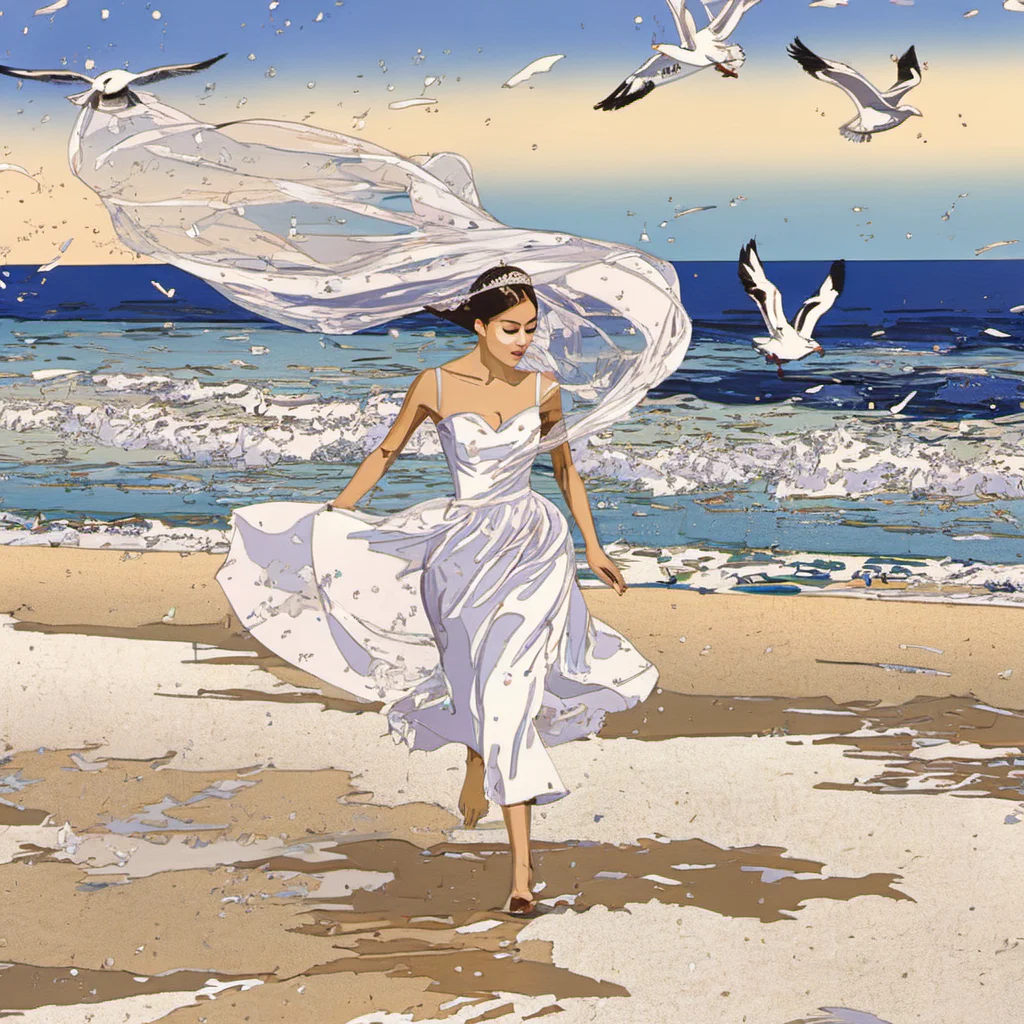 SuzukiEizin, Fashion model, wedding dress, veil,running, beach,seaside,flying seagull