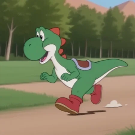 masterpiece, best quality, amazing quality, YoshiSMWil, feral, male, dinosaur, green skin, black eyes, red shoes, running, outside, <lora:13cc8cd9-a879-4f80-9159-7800ca5aaf7f:1.0>