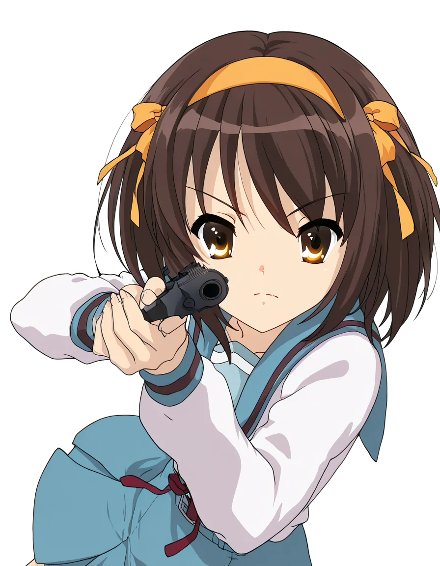 masterpiece, best quality, newest, absurdres, highres, safe,, <lora:haruhi-suzumiya-s1-ponyxl-lora-nochekaiser:1>, haruhi suzumiya, short hair, brown hair, brown eyes, hairband, medium hair, ribbon, hair ribbon, medium breasts, anime screencap, <lora:center-axis-relock-stance-illustriousxl-lora-nochekaiser:1>, center axis relock stance, looking at viewer, holding, closed mouth, weapon, holding weapon, gun, holding gun, handgun, aiming, finger on trigger, aiming at viewer, m1911,, ,