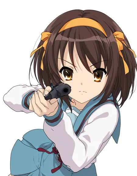 masterpiece, best quality, newest, absurdres, highres, safe,, <lora:haruhi-suzumiya-s1-ponyxl-lora-nochekaiser:1>, haruhi suzumiya, short hair, brown hair, brown eyes, hairband, medium hair, ribbon, hair ribbon, medium breasts, anime screencap, <lora:center-axis-relock-stance-illustriousxl-lora-nochekaiser:1>, center axis relock stance, looking at viewer, holding, closed mouth, weapon, holding weapon, gun, holding gun, handgun, aiming, finger on trigger, aiming at viewer, m1911,, ,