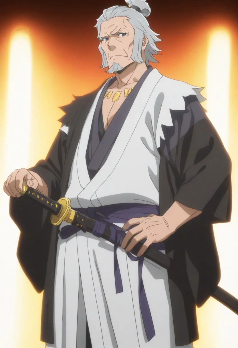 1boy, older male, mature male, An elderly samurai with long, flowing grey hair tied in a loose topknot, his scarred, weathered face exuding wisdom and resolve. He’s dressed in a tattered kimono with muted red and black hues, adorned with battle-worn lightweight armor. His katana, sheathed at his hip, has a rugged hilt wrapped in dark cloth. Rendered in a vibrant anime style inspired by Danmachi—crisp black outlines, soft gradient shading, and a heroic yet grounded presence. The scene is set on a misty battlefield at dawn, with faint warrior silhouettes in the distance and a warm golden glow piercing the fog. Masterpiece, best quality, highly detailed, dynamic composition, dramatic anime lighting. <lora:DanMachi_Style:1>