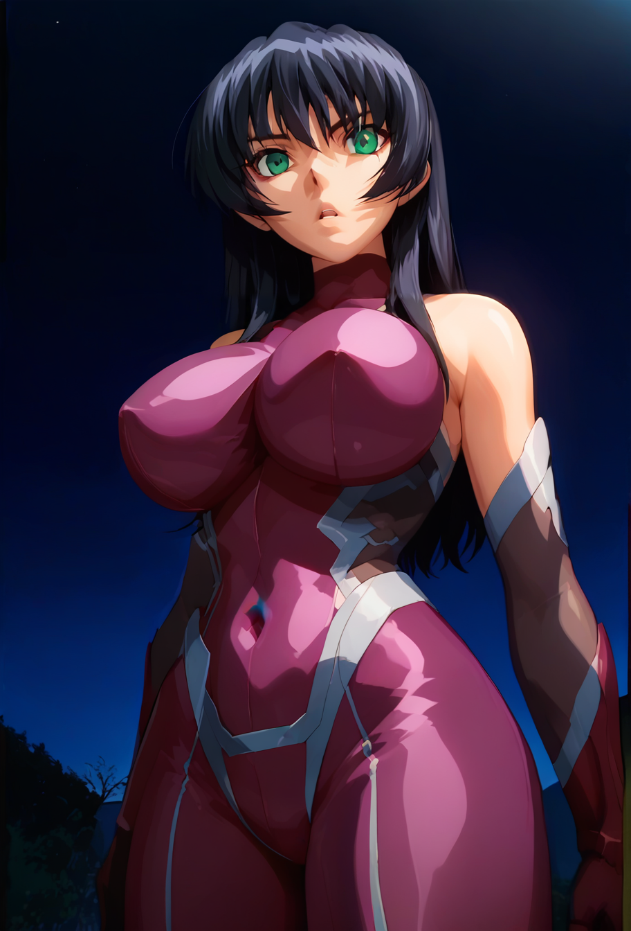 masterpiece,best quality, highly detailed, score_9, score_8_up, score_7_up, score_6_up, source_anime, rendered, BREAK, female focus, dutch angle, cowboy shot, 1girl, from below, tasasgi, long black hair, green eyes, large breasts, 
bare shoulders, elbow gloves, bodysuit, skin tight, purple ninja bodysuit,
, looking at viewer, eye contact, parted lips, outdoors, toyko skyline, night, moonlit, volumetric lighting, glistening skin,