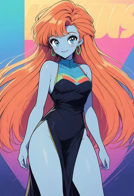 score_9, score_8_up, score_8, medium breasts, (curvy), cute, eyelashes,       
BREAK, 
zzMira, blue eyes, blue skin, orange hair, 
breasts, looking at viewer, blush, smile, bangs, dress, bare shoulders, jewelry, medium breasts, very long hair, closed mouth, standing, cowboy shot, earrings, sleeveless, black dress, bare legs, sleeveless dress, side slit, hoop earrings, text, text in background,
zPDXL,