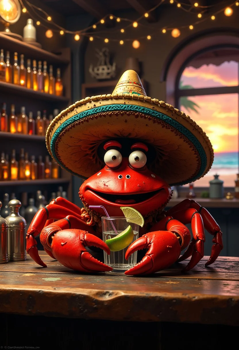 **Prompt:** A whimsical and lively scene of a **bright red crab** perched confidently on a **wooden bar counter**, its claws resting casually near a **glass of tequila** with a tiny lime wedge on the rim. The crab wears a slightly oversized **sombrero**, its colorful embroidery and woven details standing out against its shiny shell. One claw holds a tiny straw, playfully dipping into the tequila glass, adding a humorous touch.
The bar has a warm, rustic vibe, with **aged wood planks**, scattered **salt shakers**, and a faint glow from **string lights** hanging overhead. Behind the crab, shelves are lined with **rows of tequila bottles**, glowing amber in the soft, golden light. A faint hint of a **beachfront** can be seen through a window in the background, with a setting sun casting warm orange and pink hues across the scene.
The crab’s expression is full of character, with raised eyestalks that seem to suggest it’s enjoying the moment. The overall atmosphere is playful and relaxed, blending the quirky humor of the crab's unlikely setting with the festive spirit of a Mexican cantina