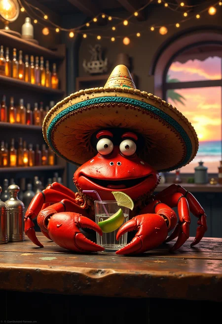 **Prompt:** A whimsical and lively scene of a **bright red crab** perched confidently on a **wooden bar counter**, its claws resting casually near a **glass of tequila** with a tiny lime wedge on the rim. The crab wears a slightly oversized **sombrero**, its colorful embroidery and woven details standing out against its shiny shell. One claw holds a tiny straw, playfully dipping into the tequila glass, adding a humorous touch.
The bar has a warm, rustic vibe, with **aged wood planks**, scattered **salt shakers**, and a faint glow from **string lights** hanging overhead. Behind the crab, shelves are lined with **rows of tequila bottles**, glowing amber in the soft, golden light. A faint hint of a **beachfront** can be seen through a window in the background, with a setting sun casting warm orange and pink hues across the scene.
The crab’s expression is full of character, with raised eyestalks that seem to suggest it’s enjoying the moment. The overall atmosphere is playful and relaxed, blending the quirky humor of the crab's unlikely setting with the festive spirit of a Mexican cantina