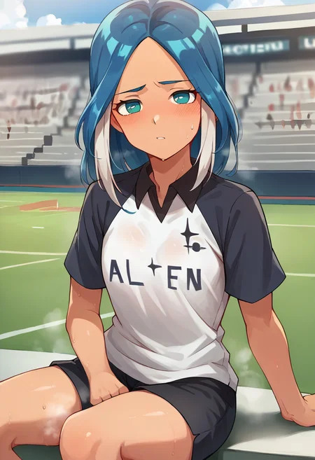 score_9, score_8_up, score_7_up, source_anime, masterpiece, 1girl, ct_ulv1d4, small breasts, blue hair, soccer uniform, black raglan sleeves, clothes writing, looking at viewer, sweat, smell, shiny skin, outdoors, depth of field, sitting, <lora:Ulvida_pony_2outfit_ct:1>