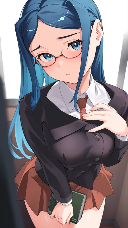 amazing quality,absurdres,best quality,masterpiece,highres,newest,detailed,detailed body,detailed face,masterpiece,best quality,solo,
ayane,1girl,solo,glasses,long hair,book,blue hair,school uniform,blue eyes,skirt,<lora:ayane:1>,