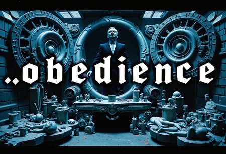 the words ...OBEDIENCE' written in large font fills the front of frame. In the back of frame weird man with in a dark room with checkerboard blue lotus PEOPLE ARE trapped inside machinery, people crushed inside mechanical gears, high gore arms crushed and bent, signs of wailing, people in business suits trapped in machinery. floors with blood on the ground with a white interior cyber tech electricity electical circuits illuminati symbols with brains and vaginas with high technology alchemical background lightning bolts