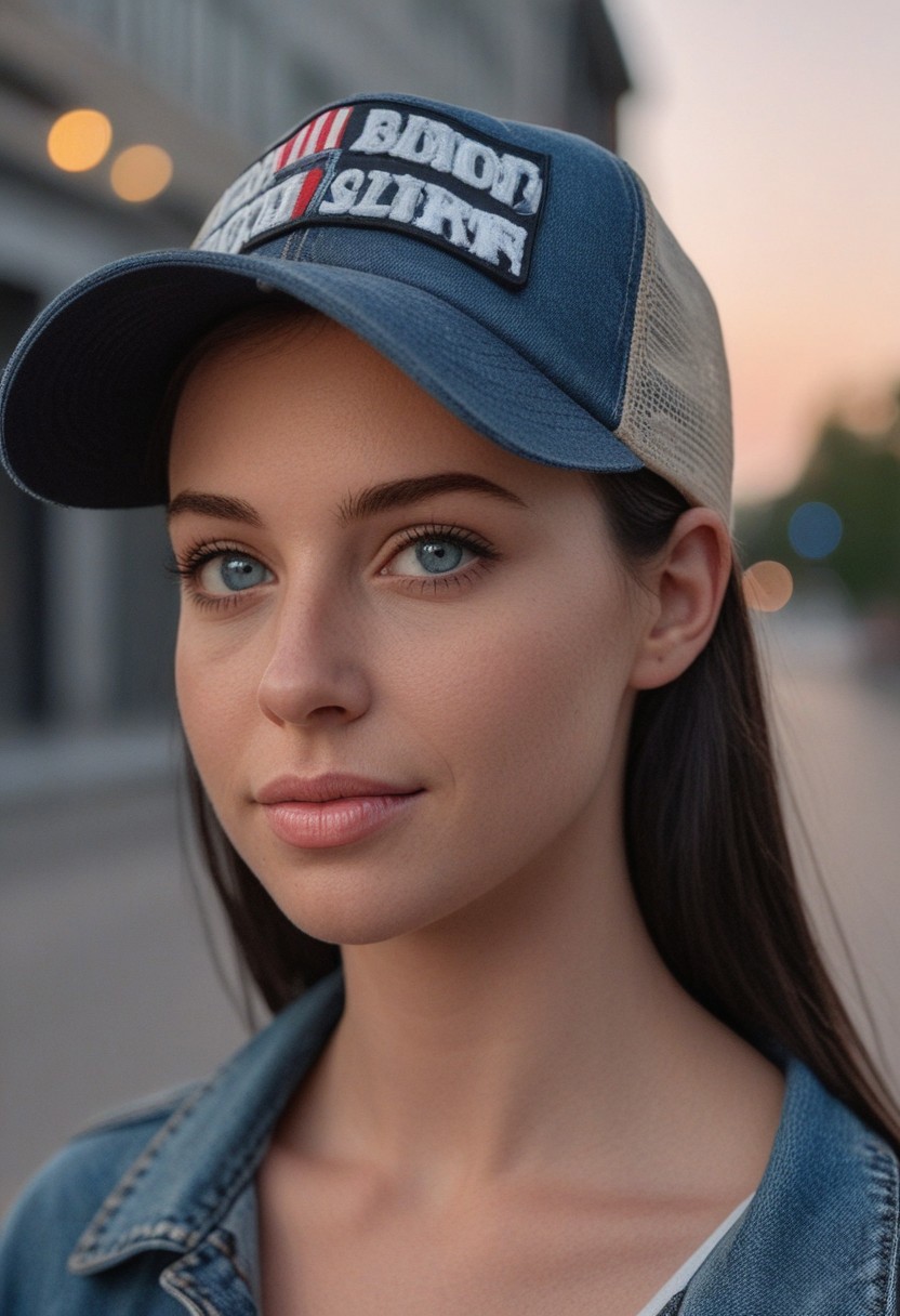 30yo woman holding an American flag.
Blue eyes. perfecteyes 
Wearing Denim jacket trucker hat. 
Long dark black slick back hair. No makeup. Dusk, Street light. Looking at camera POV. Slight smile, tilting head.. Tilt head.
Medium Close Up shot. Bokeh. Bokeh light.