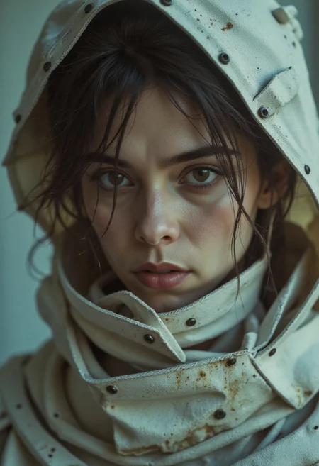 Super Closeup Portrait, Profoundly dark whiteish dystopian hyrule,  glass, Stains, space grunge style, Jeanne d Arc wearing White Red used styled Cotton frock, bioluminescent dress, Wielding thun luminous silver sword, Sci-fi vibe, dirty, noisy, Vintage monk style, very detailed, hd,
