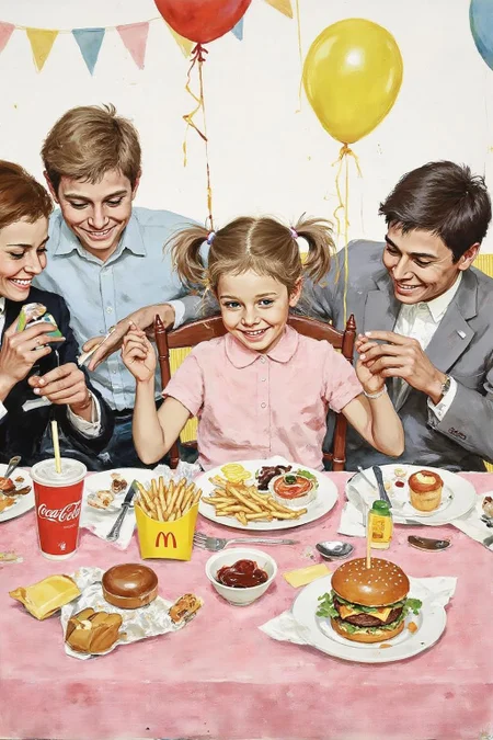 kard1 watercolor illustration
A four-year-old girl with twin pigtails is celebrating her birthday at McDonald's, a place that feels like a magical playground for children. The joy on her face is unmistakable as she sits at a table set with a colorful array of items: crispy McDonald's fries in a bright yellow packet, a refreshing cup of Coca-Cola, and a juicy hamburger wrapped in its iconic packaging. Her pigtails bounce playfully as she moves, adding to the lively atmosphere. The table is also adorned with festive decorations, including balloons and streamers that match the vibrant McDonald's red and yellow color scheme. Family members gather around, their smiles reflecting the warmth and love of the occasion. The lighting inside the restaurant is soft yet bright, creating a welcoming environment that highlights the happiness of the moment. This scene captures the pure delight and excitement of a young child's birthday celebration, set against the backdrop of a beloved fast-food chain, where simple pleasures bring immense joy
<lora:kard1_cap_d6a3:1.0> <lora:yawcolor_nocap1_d4a2:0.7><lora:816589041211364523:0>