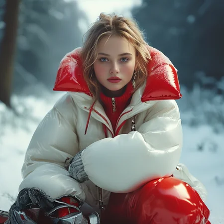(Midjourney like), minimalistic photography style,red  (woman wearing puffy leggings  jacket leggings skilegs:1.15), extra_puffy_jacket, louis Vuitton clothing style, in the style of battle worn (ultra- realistic details:1.1), surrealism, poetic, blink-and-you-miss-it detail, stylish costume design,smile, winter frozen scene, bright and shiny eyes, (squatting)
 <lora:Puffer_Jacket_and_Down_Jacket_-_Extra_Puffy_Jackets:0.6> <lora:MJ52:1>