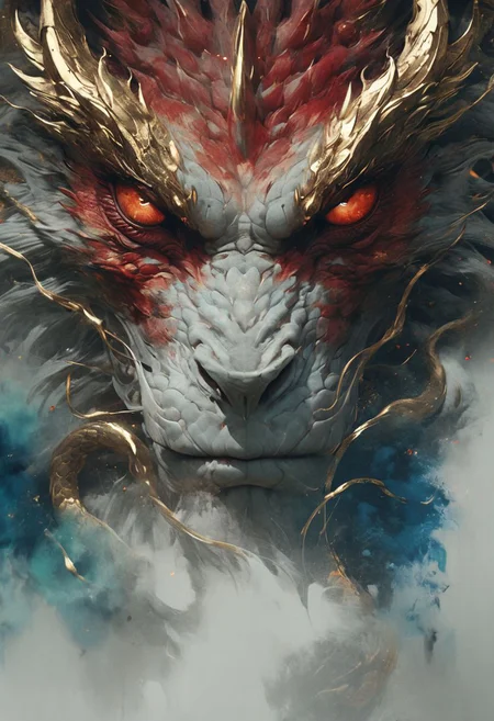 minimalism style, WLOP art style, a character worrior , facial muscles,  eye light, dragon behind, cinematic foootage,  fantasy, intricate details,8k post production,dark red gold tone blue  white green
