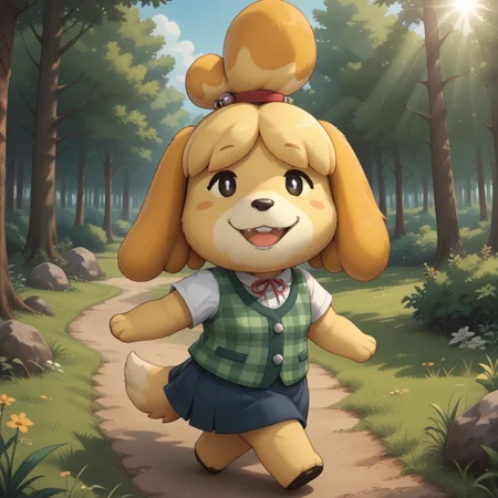 score_9, score_8, BREAK, solo, Isabelle_The_Dog_(Animal_Crossing), blonde hair, animal ears, furry, anthro female, furry female, dog girl, animal nose, topknot, skirt, office outfit, short sleeves, yellow skin, yellow skin female, self portrait, smile, looking at viewer, outdoors, sunlight, shadows, evening lighting, natural lighting, forest, trees, grass, orange sky, sunset