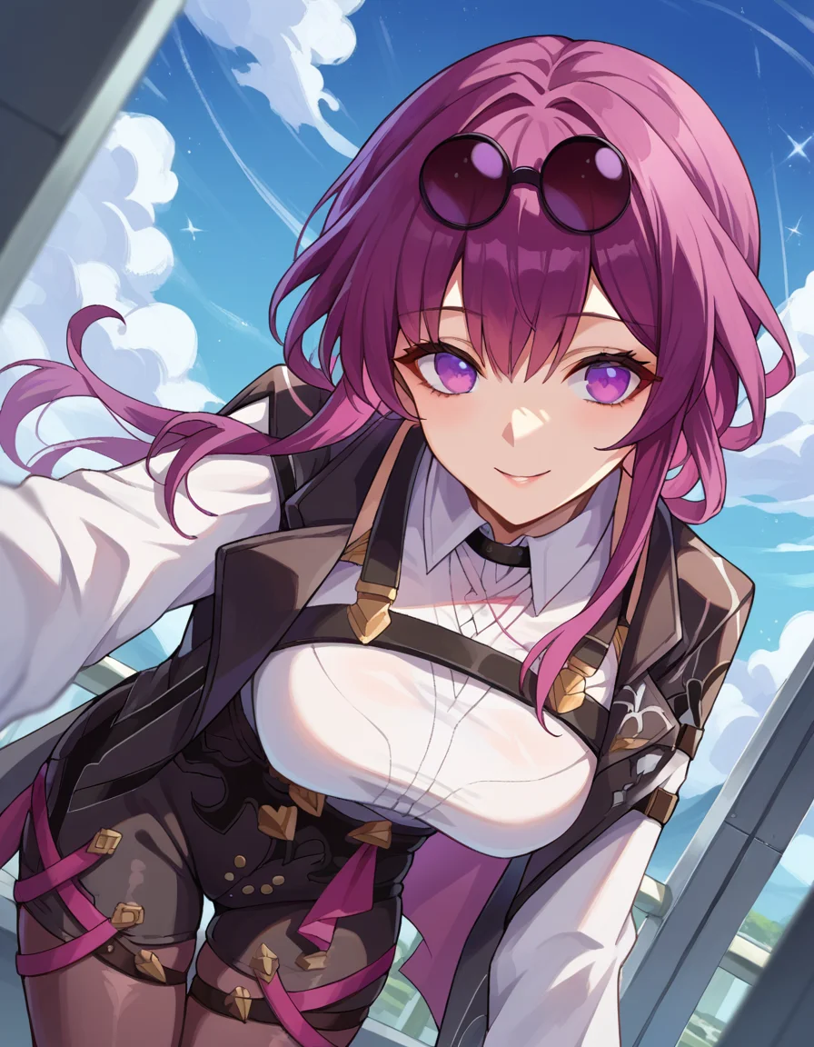 score_9, score_8_up, score_7_up, source_anime,
honkaikafka, <lora:honkai-kafka-ponyxl-lora-nochekaiser:1>,
kafka, eyewear on head, round eyewear, purple eyes, purple hair, long hair, smile,
black jacket, gloves, high-waist shorts, jacket, pantyhose, pantyhose under shorts, shirt, shorts, white shirt
outdoors, space, bent over,
looking at viewer, dutch angle, cowboy shot,