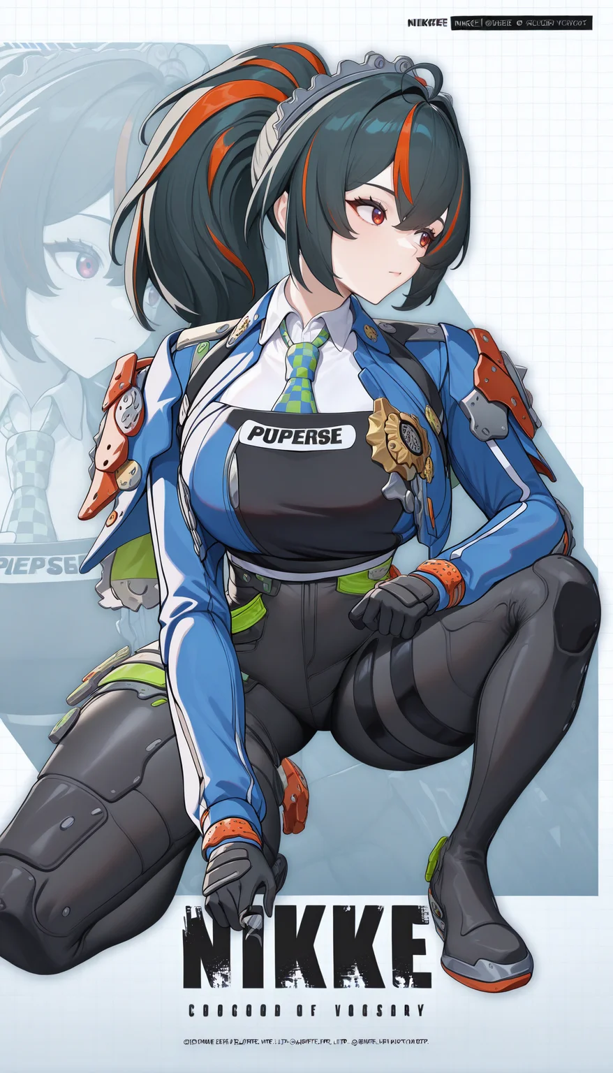 masterpiece, best quality, newest, absurdres, highres, NikkeProfile, full body, checkered background, zoom layer, copyright name, character name, english text, logo, on one knee, looking to the side, <lora:NikkeProfile_illusXLNoobAI_Incrs_v2:1>, white background, 1girl, <lora:zzz_zhuyuan_illustriousXL:1> zhu yuan, ponytail, red eyes, police uniform, blue jacket, cropped jacket, open jacket, long sleeves, black gloves, black vest, white shirt, collared shirt, checkered necktie, black pants, tight pants, high-waist pants, elbow rest,