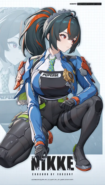 masterpiece, best quality, newest, absurdres, highres, NikkeProfile, full body, checkered background, zoom layer, copyright name, character name, english text, logo, on one knee, looking to the side, <lora:NikkeProfile_illusXLNoobAI_Incrs_v2:1>, white background, 1girl, <lora:zzz_zhuyuan_illustriousXL:1> zhu yuan, ponytail, red eyes, police uniform, blue jacket, cropped jacket, open jacket, long sleeves, black gloves, black vest, white shirt, collared shirt, checkered necktie, black pants, tight pants, high-waist pants, elbow rest,
