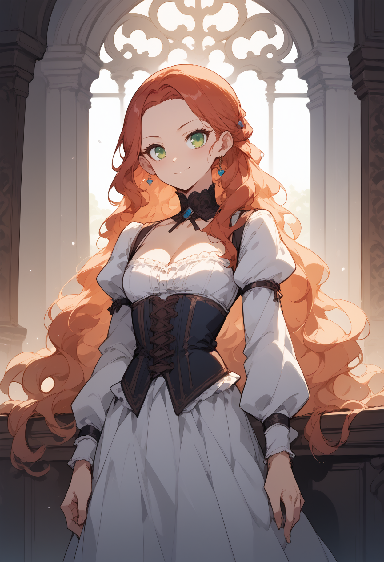 score_9,score_8_up,score_7_up,score_6_up,source_anime,absurdres,
BREAK <lora:Florentia_Lombardi:0.8>,FlorentiaLombardi,1girl,solo,skinny,toned,perfect anatomy,forehead,red hair,very long hair,green eyes,long eyelashes,blouse,pants,short skirt,smile,(fred perry:0.4),Victorian,face_focus,upper_body,