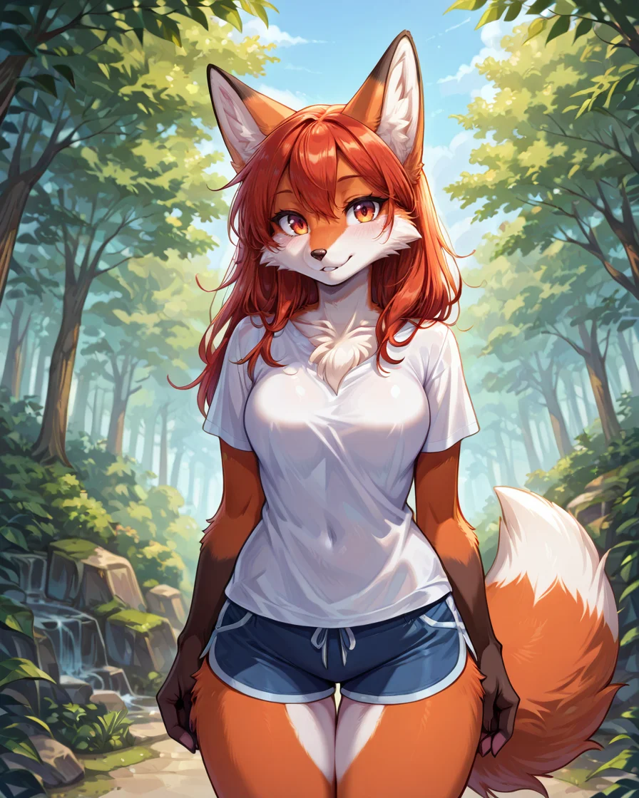 masterpiece, best quality, 1girl, solo,  outdoors, shorts, tshirt, standing, fox anthro, body fur, furry, fur ,<lora:IndigoToonMix_Style_IL:1> itmstyle