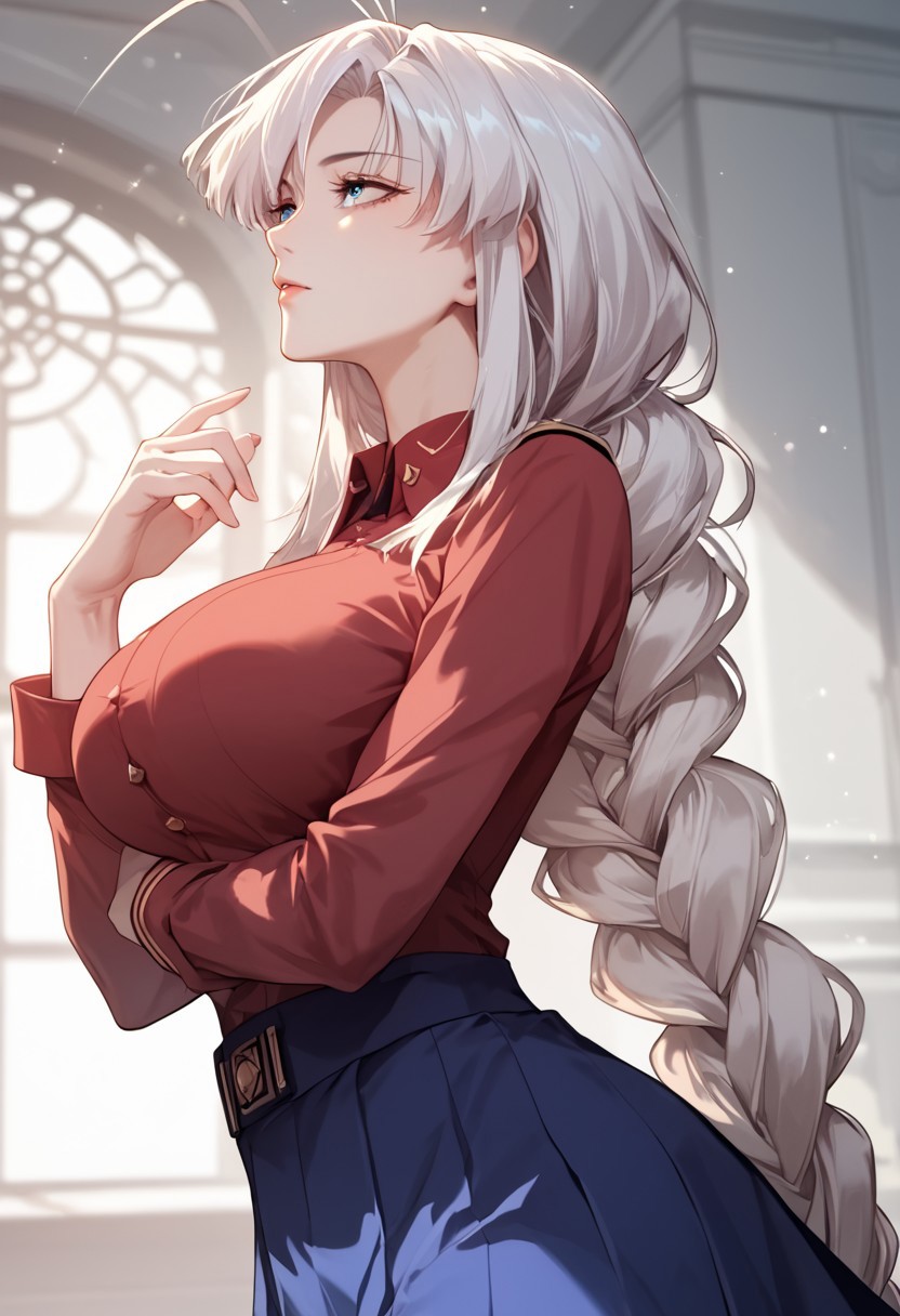 score_9, score_8_up, score_7_up, source_anime, Expressiveh,
dongqingxue, 1girl, solo, white hair, very long hair, sidekicks, blue eyes, parted bangs, large breasts, antenna hair, single braid, red shirt, military uniform, blue skirt,portrait, facing viewer
