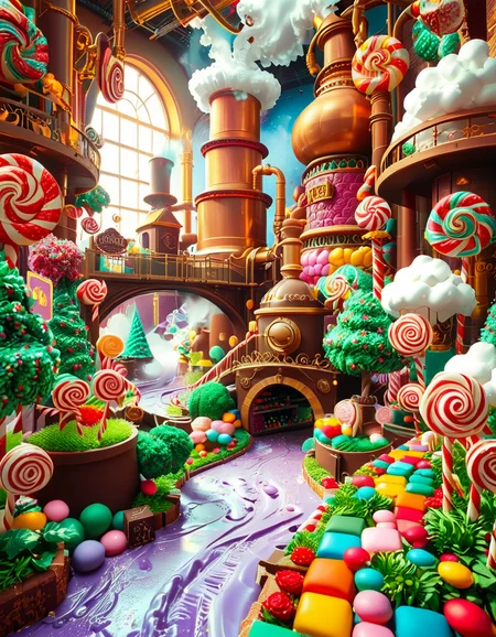 A whimsical and magical photo of Willy Wonkaâs Chocolate Factory. The scene captures the exterior of the factory, featuring a towering, fantastical building with colorful, crooked chimneys puffing out clouds of candy-scented steam. The walls are made of vibrant bricks in shades of purple, gold, and red, with intricate candy-inspired patterns carved into the structure. A large, ornate gate made of swirling lollipop shapes stands at the front, with the name "Willy Wonka" emblazoned in gold letters. Surrounding the factory is a lush, surreal landscape filled with oversized candy canes, gumdrop bushes, chocolate rivers, and trees made of cotton candy. The sky is bright and cheerful, with fluffy clouds that resemble whipped cream. The entire setting feels magical, playful, and inviting, full of bright, saturated colors and incredible, dreamlike details that spark the imagination.
<lora:SDXLFaeTastic2400:0.4> <lora:extremely_detailed:0.4> extremely detailed, <lora:Willy_W0nk4_chocolate_f4ct0ry:1>,Willy W0nk4 chocolate f4ct0ry, Masterpiece,best quality,hi res,8k,hi res,8k,award winning,(sharp focus, intricate, highly detailed),