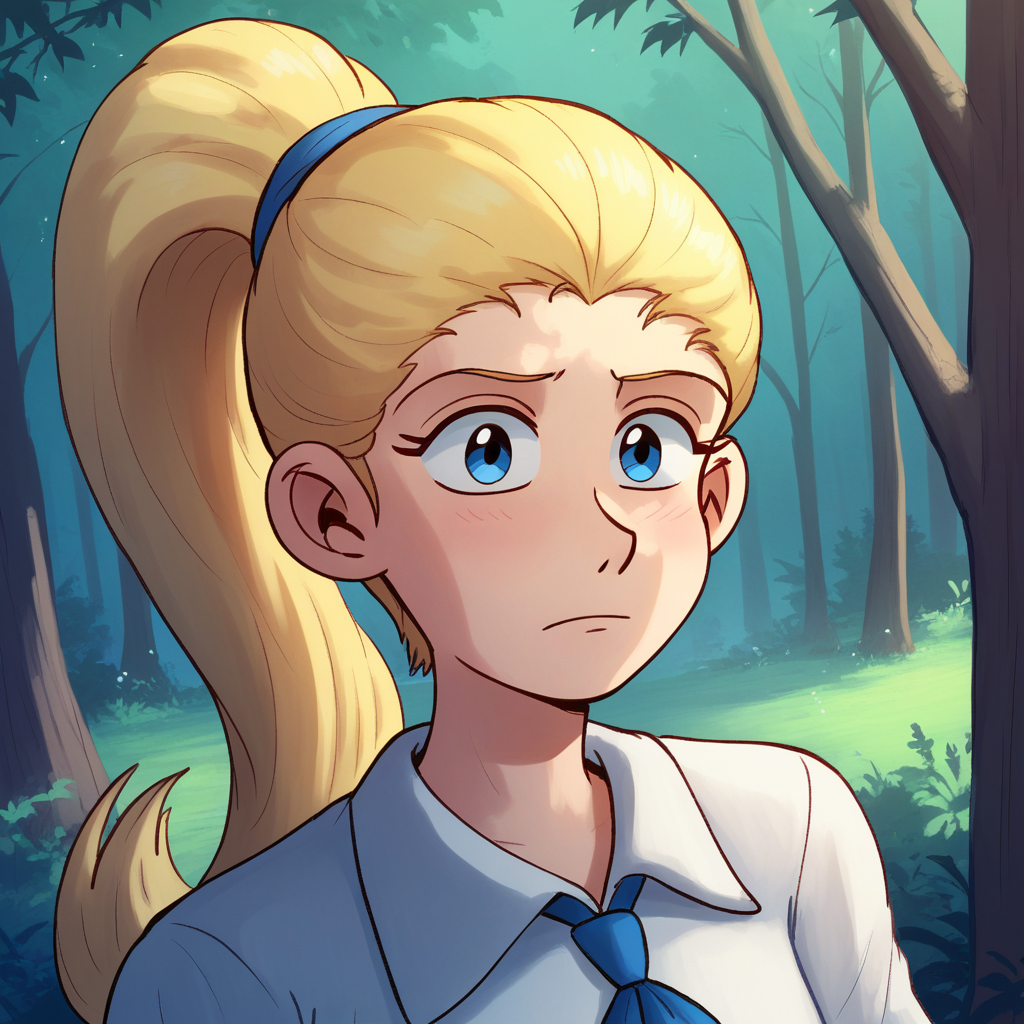 Ugly score_9_up, score_8_up, score_7_up, BREAK, JFMstudios, 1girl, solo, blonde hair, high ponytail, blue eyes, white dress, upper body,  <lora:JFMstudios_PXL_Leaf1-000010:1>, forest,