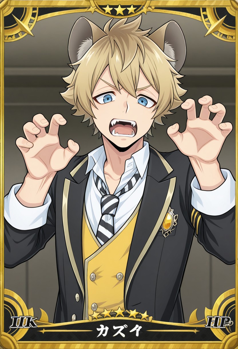masterpiece,best quality,amazing quality, source_anime, card (medium), 
RuggieBucchi, 1boy, male focus, solo, blue eyes, blonde hair, animal ears, school uniform, shirt, white shirt, collared shirt, necktie, striped necktie, black and white necktie, vest, yellow vest, jacket, blazer, black jacket, open jacket, claw pose, fangs, cute,