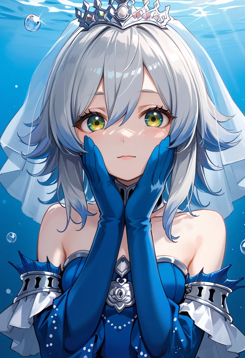 (score_9:0.9),score_8_up,score_7_up,rating_safe,anime style,(zPDXL),(zPDXL3),<lora:Tearlaments Merrli ponyXL v1.1:0.7>,sleeves past wrists,tearlaments merrli,blue dress,silver tiara,blue detached sleeves,mermaid,1girl,solo,hands on own face,looking at viewer,upper body,blue bridal veil,underwater