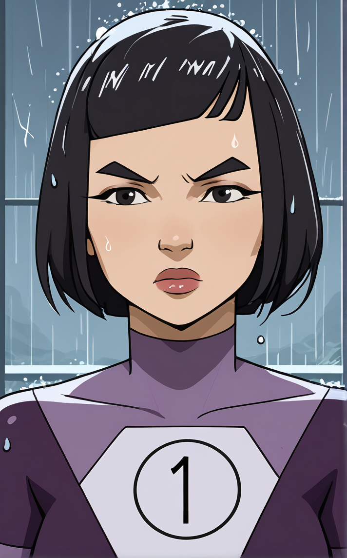 score_9, score_8_up, score_7_up, (rain, water drop),  floating hair, looking to the side, upper body, serious, wet, wet hair, looking at viewer, thunder, storm, outdoors,  <lora:PONYXL_Invincible_DupliKate_ownwaifu:1>, BREAK MainOutfit_DupliKate_ownwaifu, 1girl, black eyes, black hair, bob cut, asian, covered collarbone, lips, long sleeves, multicolored bodysuit, nose, number print, purple bodysuit, shiny hair, short hair, skin tight, superhero, thick eyebrows, turtleneck bodysuit, blunt bangs, medium breasts, pilot suit, lipstick, multicolored clothes, makeup, blunt ends, short bangs, <lora:add-detail-xl:0.15>,