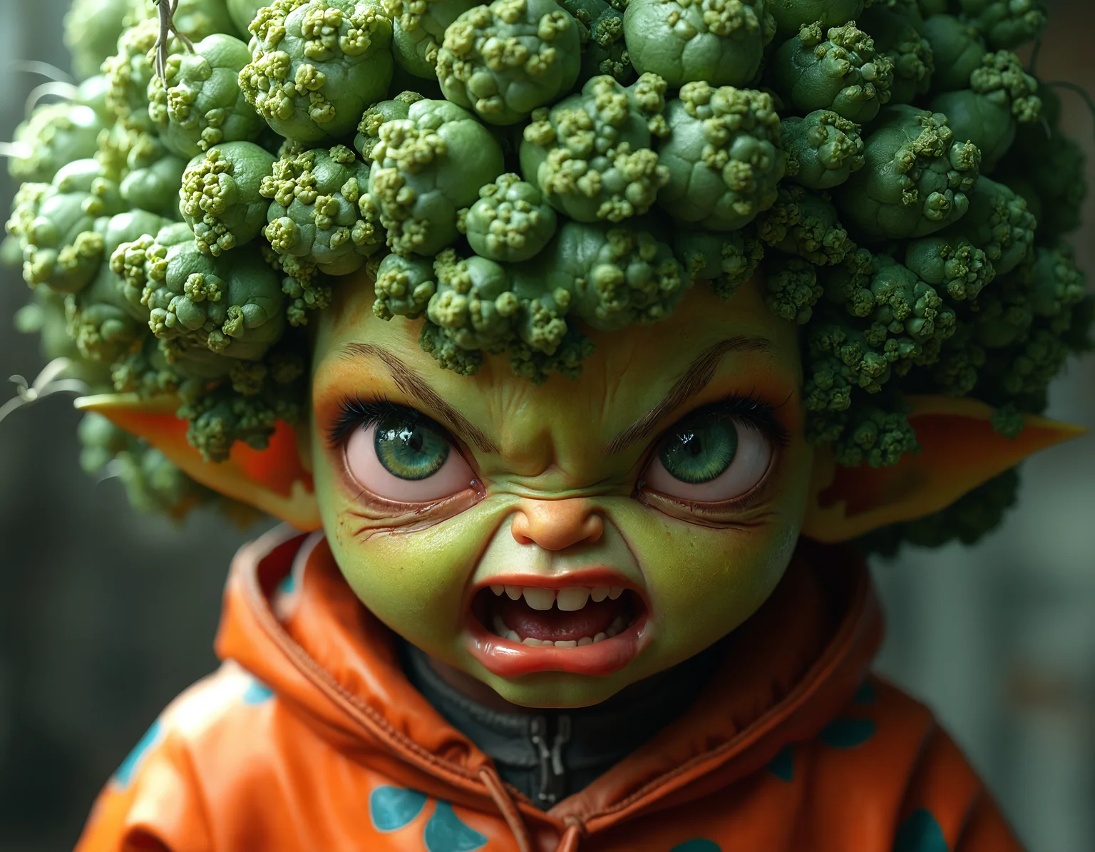 Detailed photography of a angry vegetable, digital Art, ,Detailed,fine details, realistic shaded lighting, by Ilya Kuvshinov, katsuhiro otomo, magali villeneuve, rutkowski, WLOP Jeremy Lip