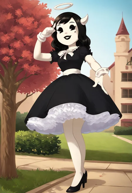 (Masterpiece, best quality:1.2), score_9, score_8_up, flat color, flat shading, soft shading, lighting, Alice Angel in a 1950's dress with a button down top, a fluffy frilly ruffled full petticoat, and high heels, dress, layered petticoat, frilly petticoat, fluffy petticoat, full petticoat, wide dress, flowing dress, long skirt, solid colored skirt, short sleeves, black hair, Bendy and The Ink Machine, series accurate, cute, best high quality, high res, black lips, white colored skin, whole body shot, 1girl, solo, outside, standing straight, in a garden, cute, adorable, smile, low angle shot, cartoon, cartoon style, vector, solo, circle dress, 1950s, alice angel