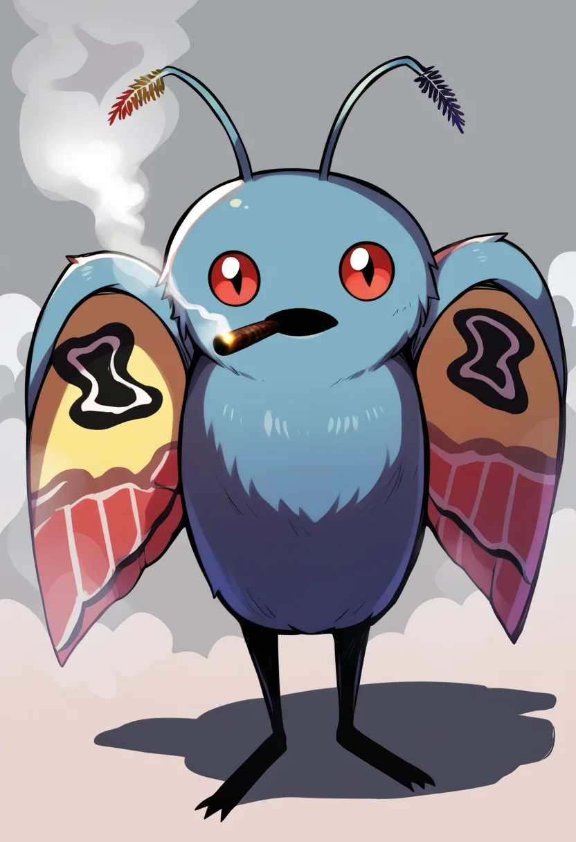 score_9, score_8_up, score_7_up, source_anime BREAK solo, pokemon \(creature\), <lora:Mothman-pdxl_Fp:1>, mothman, red eyes, open mouth, antennae, wings, <lora:Stoned-pdxl_Fp:1>, stoned, smoking, smoke, standing, cigarette in mouth