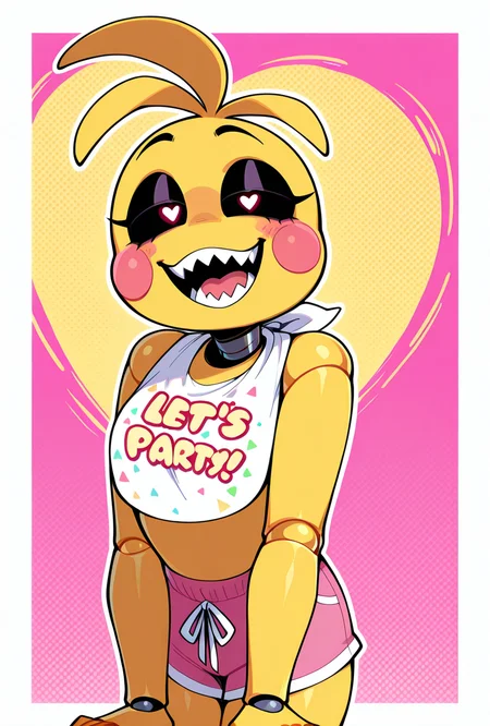 <lora:toychica-09:1> toychica, blush stickers, 1girl, yellow skin, solo, robot joints, black sclera, heart pupils, sharp teeth, bib, , pink panties, pink shorts, circular head, round head, circle head, animatronic,  yellow background, pink background, pose, half closed eyes,, masterpiece, best quality, amazing quality, very aesthetic, absurdres, newest,, upper body, halftone effect, white borders, abstract background:1.2,