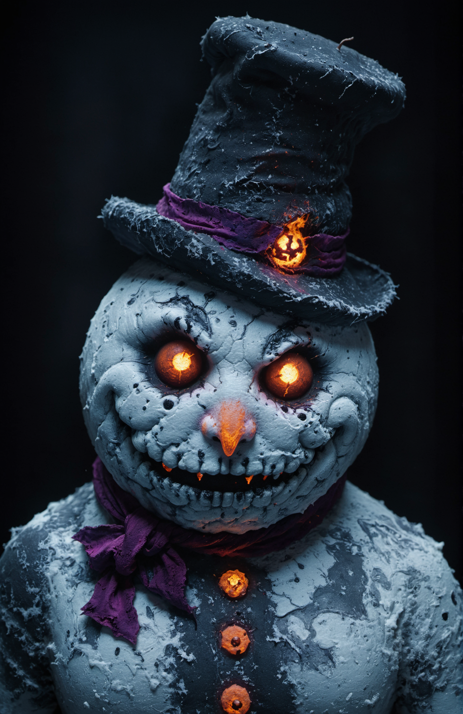 grunge style horror-themed snowman visiting from hell <lora:Horror_Pokémon:0.2> <lora:snowman:5> <lora:xl_more_art-full_v1:0.8> <lora:blacklight_makeup_v2:0.8> blacklight makeup . eerie, unsettling, dark, spooky, suspenseful, grim, highly detailed . textured, distressed, vintage, edgy, punk rock vibe, dirty, noisy
