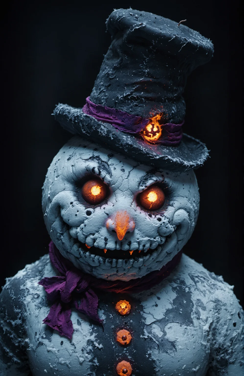 grunge style horror-themed snowman visiting from hell <lora:Horror_Pokémon:0.2> <lora:snowman:5> <lora:xl_more_art-full_v1:0.8> <lora:blacklight_makeup_v2:0.8> blacklight makeup . eerie, unsettling, dark, spooky, suspenseful, grim, highly detailed . textured, distressed, vintage, edgy, punk rock vibe, dirty, noisy