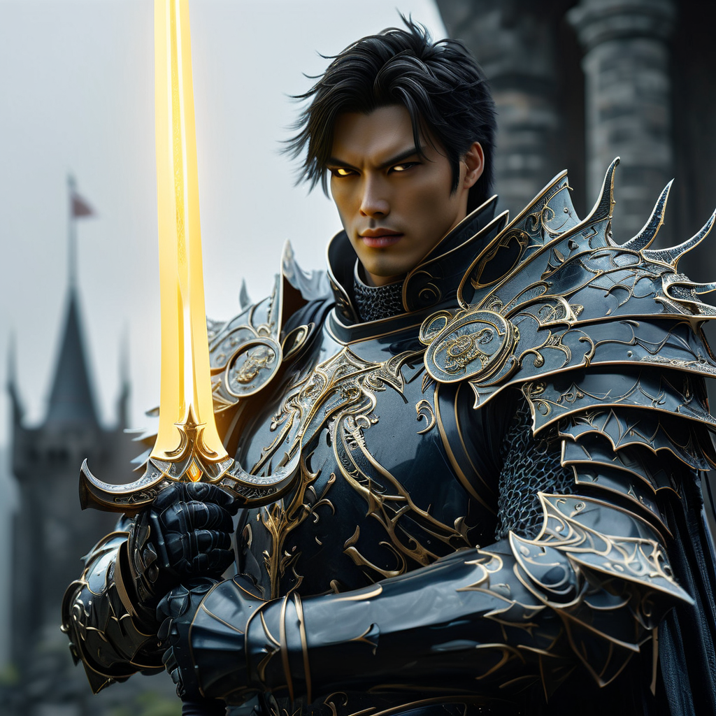 Close up shot of a beautiful knight, wearing ObsidianSun armor and cape, holding glowing sword infront of him, standing up, castle in background, HKStyle, HD, masterpiece, best quality, hyper detailed, ultra detailed, super realistic