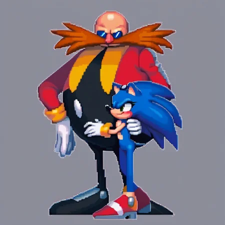 ((Dr Eggman hugging Sonic the Hedgehog)), ((HMOAF)), score_9, score_8_up, head tilt, hug, ((size difference)), ((hugging)), pixelart, pixel, pixel art, high resolution, cute, ((perfect face, perfect anatomy, good anatomy)), easynegative, ((bald human male hugging blue anthro female hedgehog)), blushing, (side by side)

[((Dr Eggman)), Eggman, 1boy, gloves, glasses, white gloves, facial hair, round eyewear, mustache, bald head, red military jacket, tall male, ((fat male, fat eggman)), smirk, handsome male, smug blushing eggman, goggles on Dr Eggman's head]

((short female furry blue hedgehog)), 1girl, (female Sonic), Sonic_the_Hedgehog, female sonic the hedgehog, blue fur quills, green eyes, featureless chest, detailed fur, white gloves, (small sonic), small chest