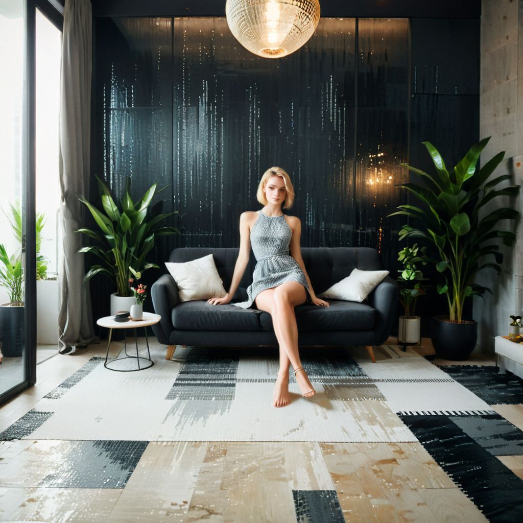 (a beautiful woman, perfect blonde short hair, fashion dress, Neat and simple:1.5), 
(full legth shot, portrait, photography, modern realistic photo, cinematic shot, dynamic shot:1.4), 24mm, (analog, cinematic, film grain, hazy atmosphere:1.1), (plain gray and black background:1.2), (detailed, seductive, epicPhoto:1.1)
(modern interior design, Unique and stylish design, construction sales photography, interior design, design competition, Award competition, Designer Collection, masterpiece:1.2), (sofa|tables|chairs|kitchenware|bathtub|toilet|bar|bed|recliner_furniture, Pillows|Pillows|Carpets|Curtains_Textiles, Wood|Tiles|Stone_Floors, garden|potted plant|pool|plant_landscape:1.1),
ac_neg1, great lighting, extremely detailed, zoya, Futurism