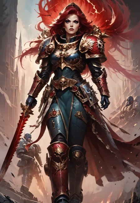 (score_9, score_8_up), score_7_up, w4rh4mm3r style oil painting, grimdark,  UltraM40k, 1girl, power armor, long flowing red hair, weapon, sword, unreal eginer 5, higher resolution textures, 4k graphic resolution, dimly lit, high detailed shading, holding sword