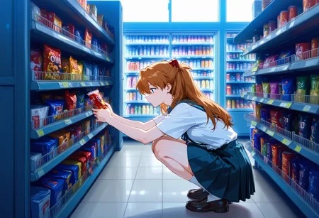 masterpiece,best quality,amazing quality, detailed background, great lighting,
1girl,Soryu Asuka Langley, school uniform, browsing snacks in a convenience store aisle, crouching, looking at shelf, confuse,
c0nv3ni3nc3st0r3, convenience store, aisles, stocked shelves, bright lighting, side view
<lora:Convenience_Store:0.8>, <lora:NAI_QualityV1.1:0.2>, <lora:MeMaxV3TypeC_ill:0.4>