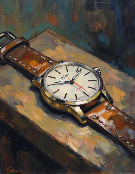 ssf_4bstr4ct painting of a wristwatch laying on an old wooden table, muted color