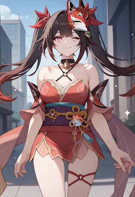 score_9, score_8_up, score_7_up, score_6_up, score_5_up, score_4_up,
sparkle \(honkai: star rail\), twintails, hair tie, asymmetrical sidelocks, red kimono, obi, sash, mask on head, medium breasts, thigh strap, spaghetti strap, hair bell, gradient hair, neck bell,
solo, cowboy shot, outdoors, city, walking, one eye closed, smug,
<lora:sparkleponyxl:1>