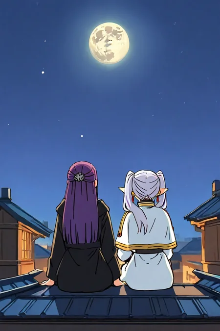 <lora:sitting_couple_IllustriousXL-000006:1>,masterpiece, highres, sitting , side-by-side, rooftop, sky, moon, from behind, BREAK <lora:fern-s1-ponyxl-lora-nochekaiser:0.6>, 1girl, fern, long hair, bangs, purple hair, sidelocks, blunt bangs, bright pupils, half updo, long sleeves, dress, white dress, long dress, robe, black robe, BREAK <lora:frieren-ponyxl-lora-nochekaiser:0.6> ,1girl, frieren, long hair, twintails, grey hair, pointy ears, elf, shirt, long sleeves, jewelry, pantyhose, earrings, striped, black pantyhose, capelet, white striped shirt, skirt, white skirt,