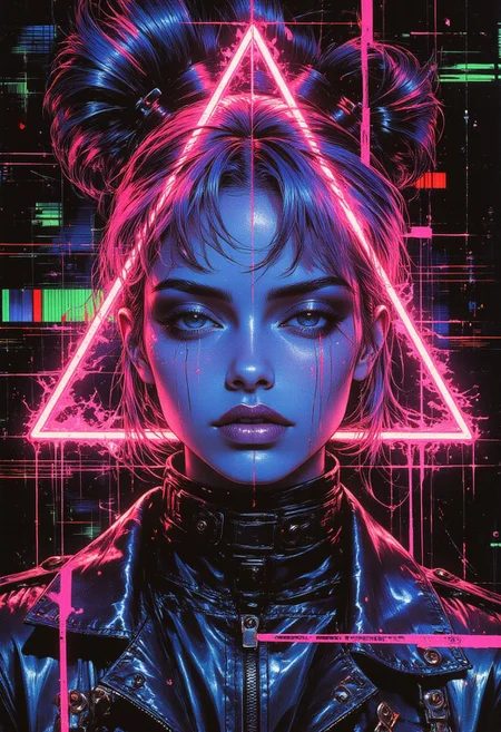 Risograph.,A striking portrait of a fashionable woman with a futuristic edge, her sharp features illuminated by a neon triangle hovering beside her. The triangle is connected to her by glowing neon wires that pulse with vibrant colors—electric blue, hot pink, and neon green. The wires are tangled and glitchy, with fragments of digital distortion and static running through them. Her outfit is sleek and avant-garde, with metallic textures and glowing accents that match the neon theme. Her hair is styled in a bold, asymmetrical cut, with streaks of neon colors that glow faintly. The background is dark and abstract, with glitching patterns and faint holographic grids. Her expression is confident and intense, as if she’s in control of the chaotic energy around her. (Ultra-detailed, 8k resolution, vibrant neon colors, glitch effect, futuristic fashion, and a mix of realism and digital art)