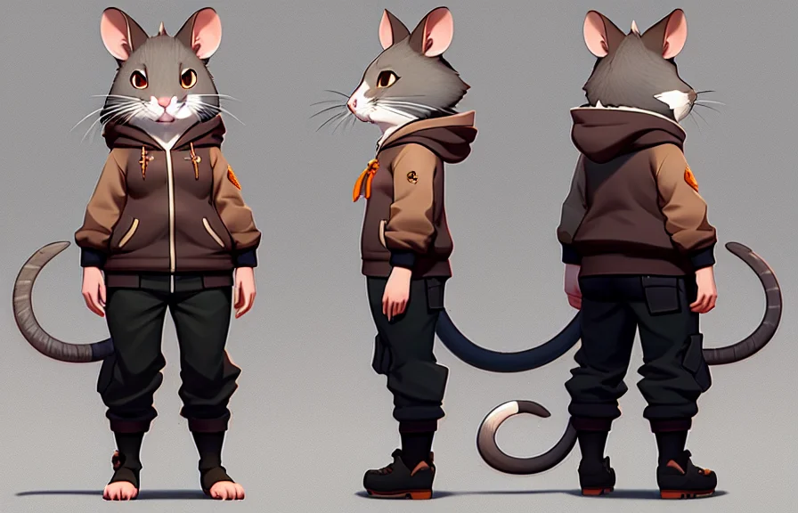 a 2d character turnaround of A rat. Subsurface scattering, rimlight, (charturner:1)., art by smoose2