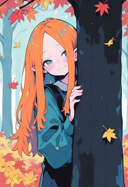 1 girl , solo , orange hair , freckle , blush , cute , smile , long hair , pointy ear , hiding behind tree , shy , falling leaf , autumn leaf ,
masterpiece, best quality ,amazing quality ,S4bit4mago_illu , xxx667_illu ,Protoneon , ma1ma1helmes_b_illu, traditional art ,