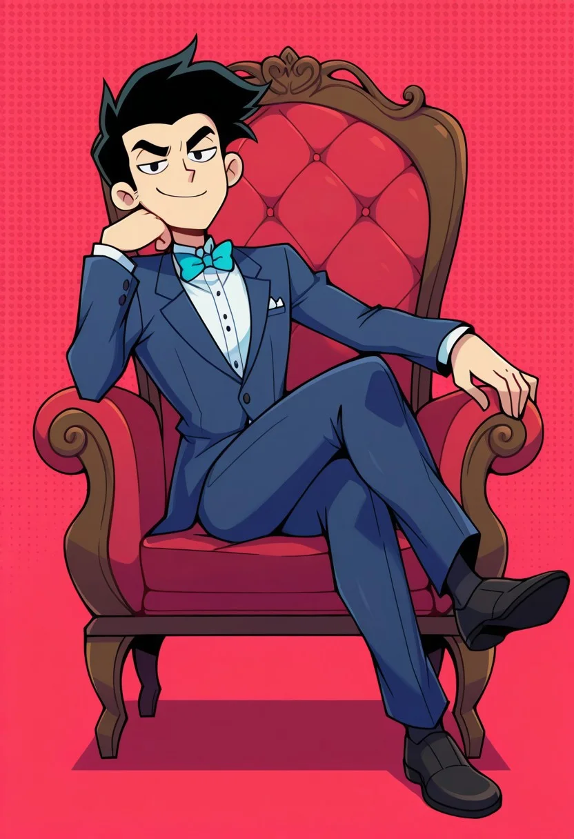 masterpiece, best quality, highres, yuunsfw, BREAK, 1boy, black hair, suit, bowtie, smug, looking at viewer, smile, sitting, crossed legs, armchair, full body
