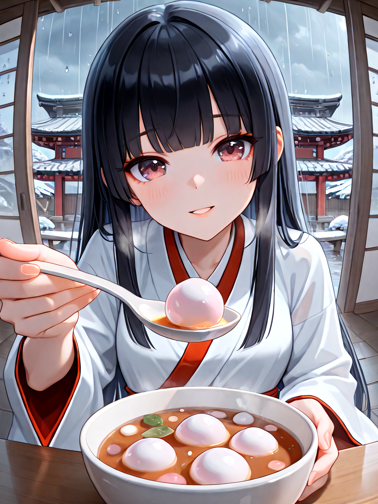 absurdres, explicit, tangyuan feeding, incoming food, blurry foreground, fisheye, pov, 1girl, shy, smile, holding spoon, hand up, sitting, soup, table, steam, steaming food, close-up, foreshortening, reaching towards viewer, miko, hime cut, copper hair, parted lips, milf, head tilt, rain, water drop, overhead view, aerial view, <lora:girlliketangyuanfeeding_ilxl:0.8>